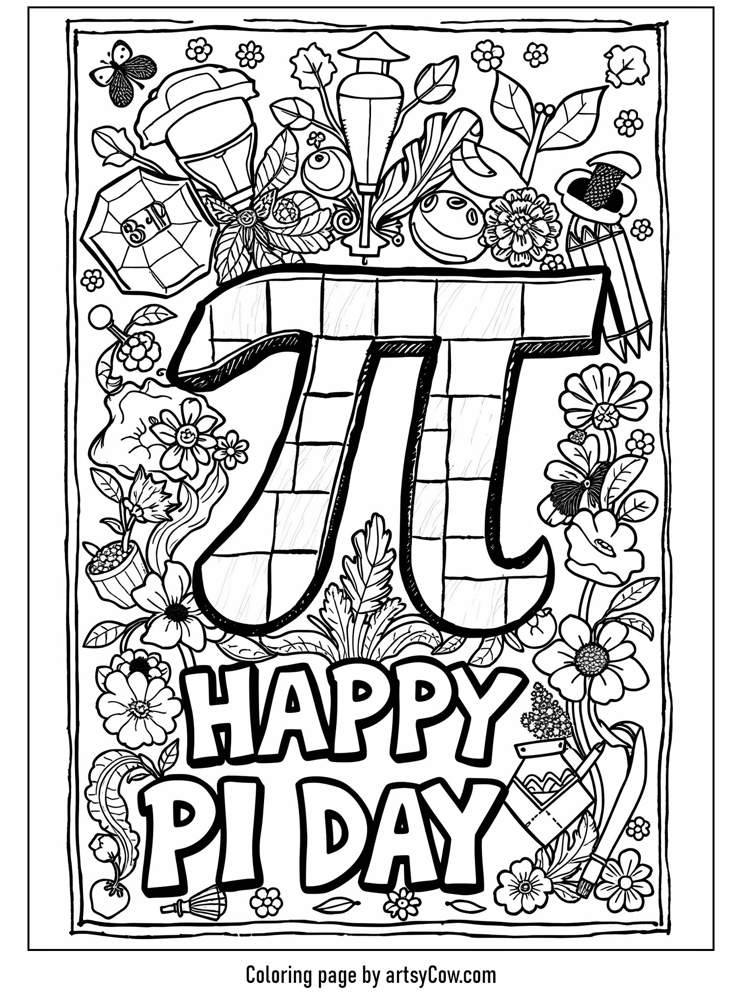 Happy Pi Day coloring sheets showing the pi symbol surrounded by playful doodles and floral designs.